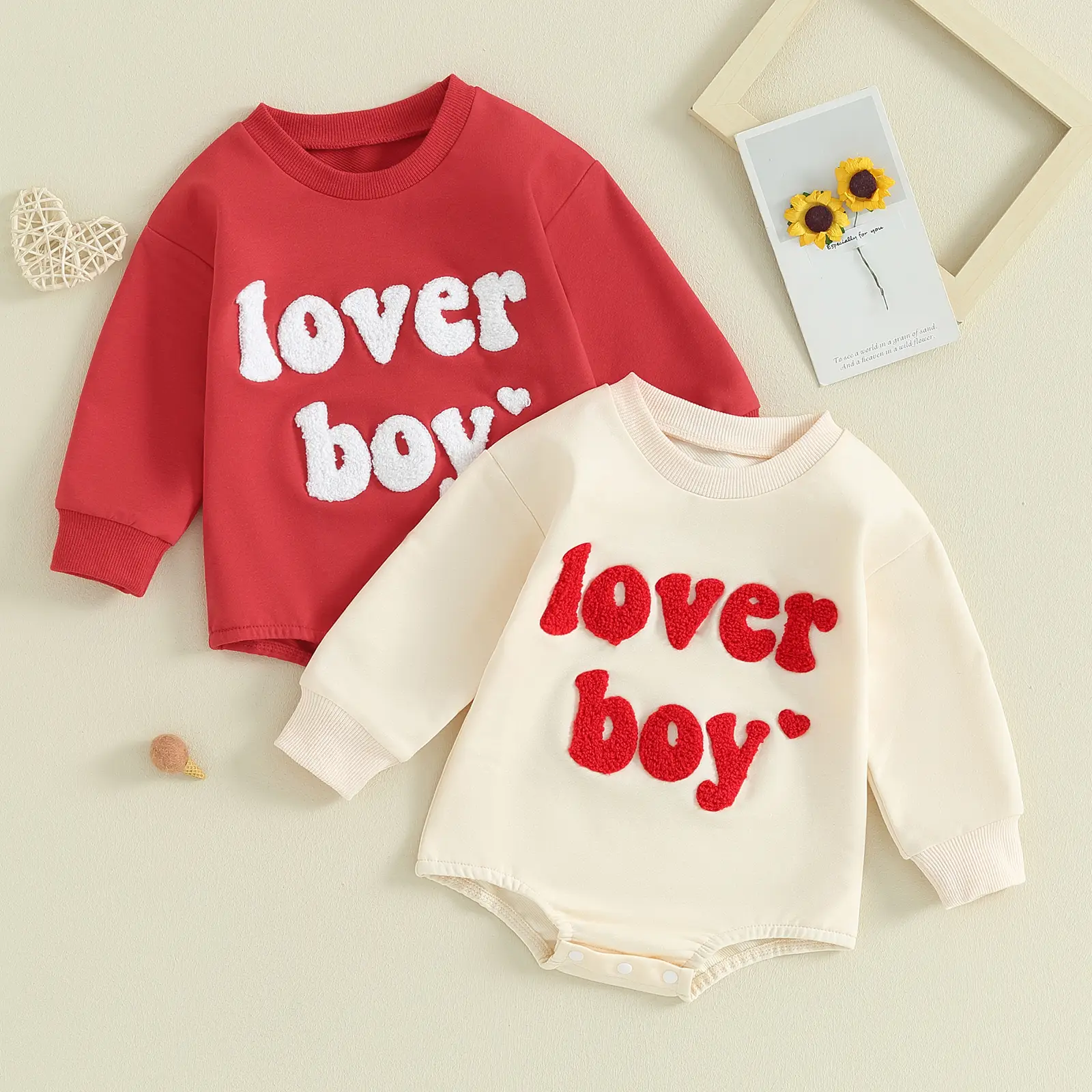 Newborn Baby Boy Valentines Day Outfit Lover Boy Embroidery Sweatshirt Bubble Romper Oversized Onesie Long Sleeve Outfit