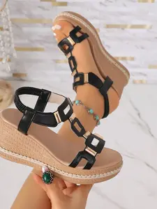 Women's Retro Metal Chain Wedge Sandals, Back Strap Hemp Bottom Heeled Shoes, Summer Open-Toe Versatile Sandals
