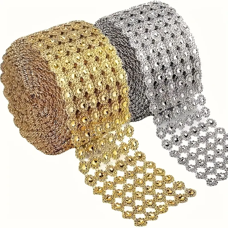 2 rolls Golden Sunflower Crystal Rhinestone Sparkle Mesh Ribbon, Plastic Decorative Ribbon for Wedding, Engagement, Anniversary, Party Supplies, Home Room Scene Decor