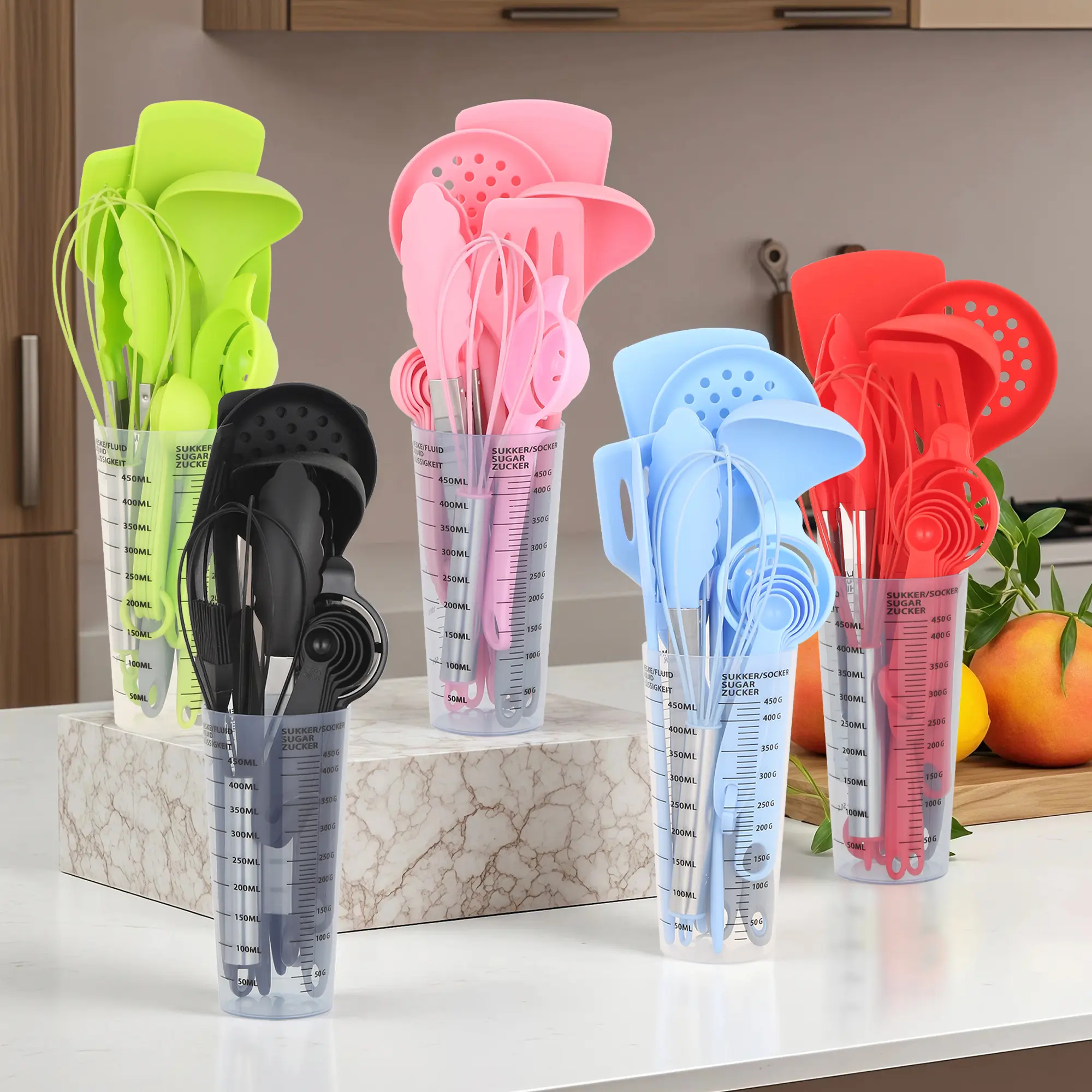 16-Piece Premium Silicone Kitchen Utensil Set - Heat Resistant, Non-Stick Cooking & Baking Tools with Measuring Cup Holder