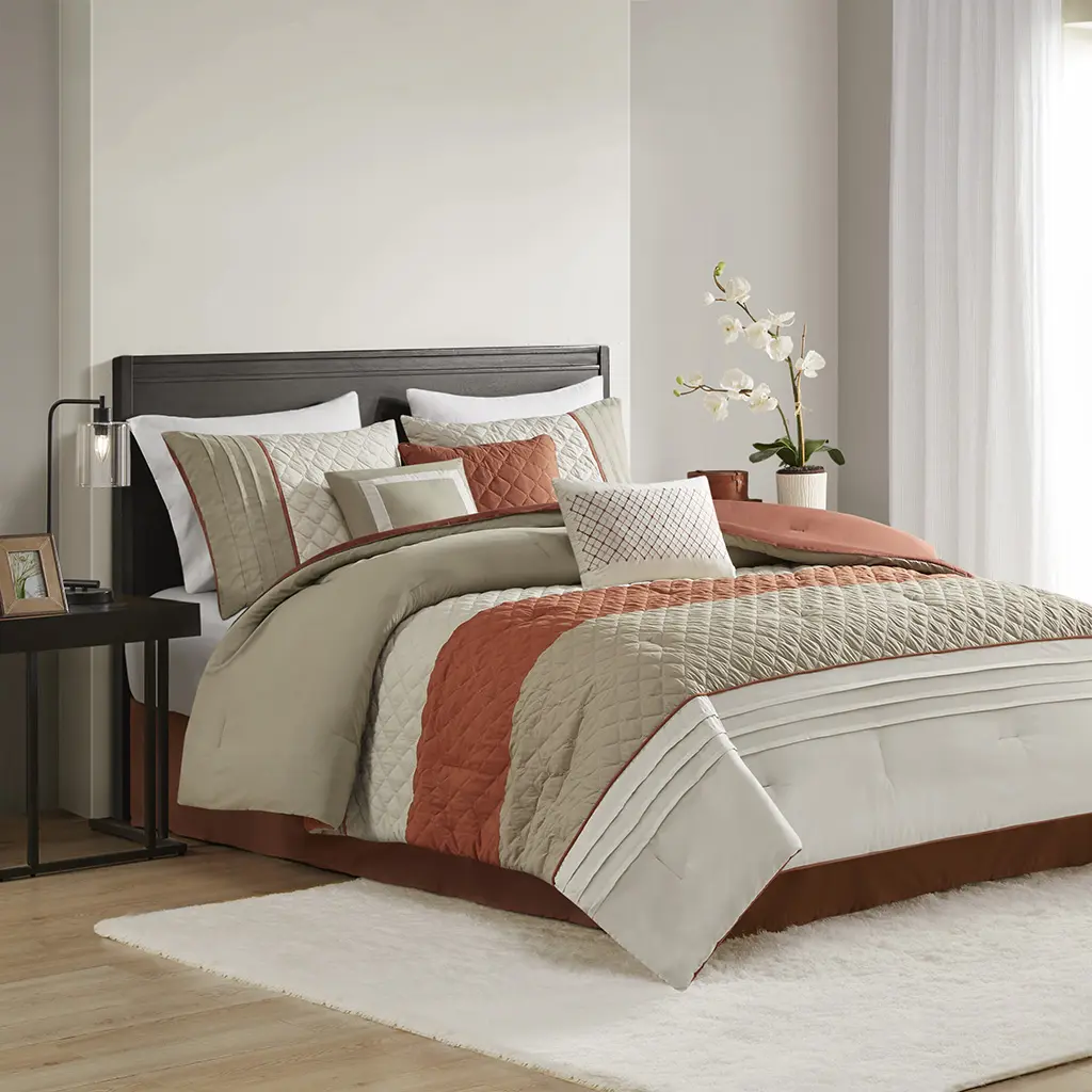 212 MAIN 7-Piece Greer Color Block Stripe Modern Hypoallergenic Pinsonic Microfiber Queen Comforter & Bed Skirt Set, 90x90x1.5 in., with Throw Pillows, Spice (Madison Park MP10-8324), Striped Bedding Set, Bedding Sets