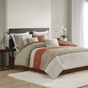 212 MAIN 7-Piece Greer Color Block Stripe Modern Hypoallergenic Pinsonic Microfiber Queen Comforter & Bed Skirt Set, 90x90x1.5 in., with Throw Pillows, Spice (Madison Park MP10-8324)