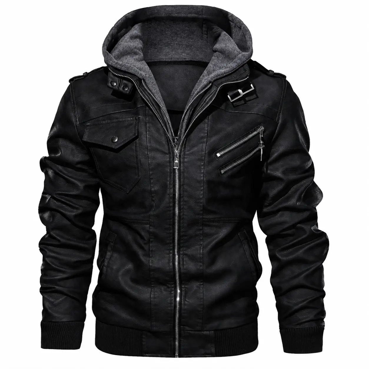 Men's Faux Leather Jacket Hooded Motorcycle Jacket Black Zip Up Casual Streetwear Jacket with Pockets Fall Winter Outerwear