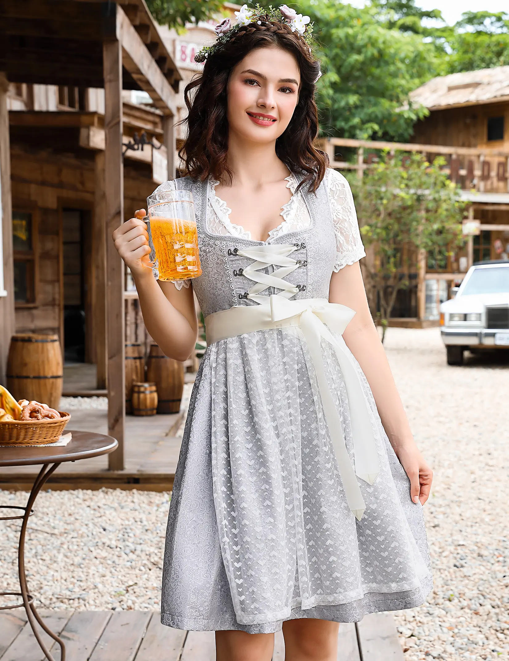 Women's 3-Piece Traditional Silver White Jacquard Oktoberfest Dirndl Cosplay Set - Short Sleeve Elastic Spandex Blouse, Apron Overlay, Polyester Beer Festival Dress (Separate Fabric Composition) -DTY