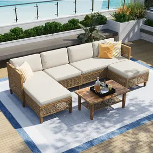 【1 or 2 Packages Shipping】Phivilla Boho Wicker Patio Furniture Sofa Set, 3/5 Seaters, Outdoor Rattan Sectional Sets Conversation Set - Weather-Resistant, with Dual Storage Coffee Table Acacia Wood Legs for Garden, Patio & Deck,SummerVibes