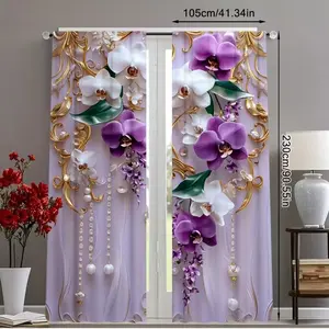 Vintage Floral Pearl Pendant Print Curtains, 2 Piece Set, Durable Polyester Fabric, Ideal for Living Room and Bedroom Home Decor