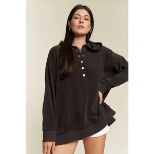 Long Sleeve Button Down Ribbed Hooded Sweatshirt