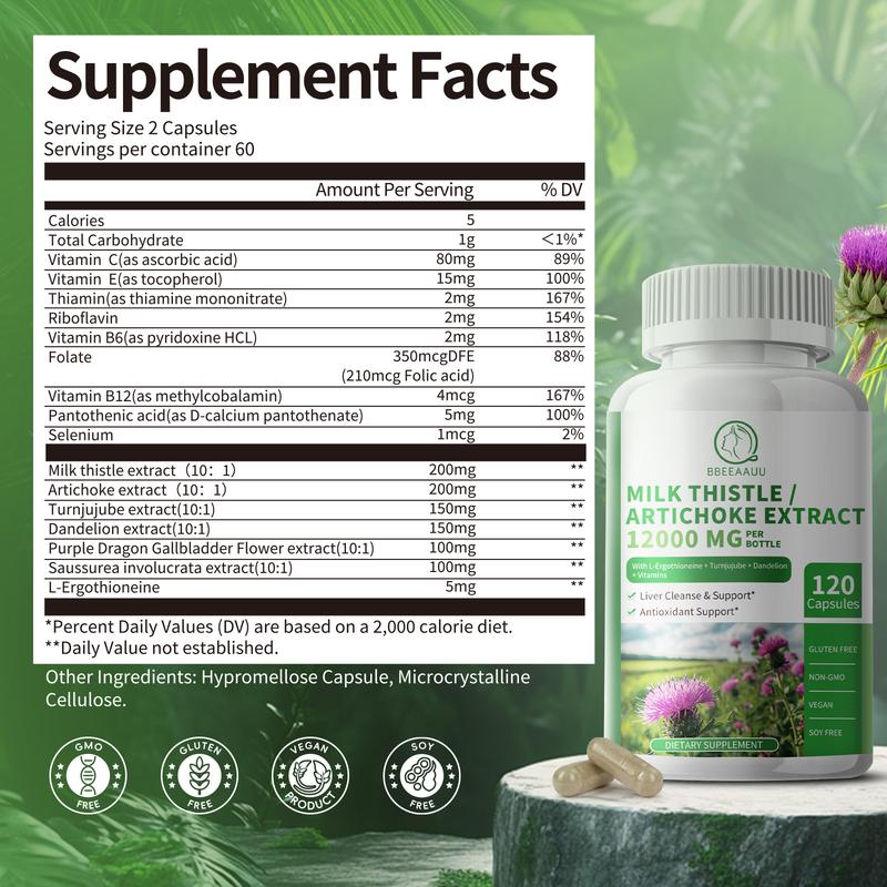 BBEEAAUU Milk Thistle Supplement 12000mg Liver Cleanse Detox & Repair Formula 16-in-1 Herbal Liver Support Pill 120 Capsules Non-GMO Soy-Free