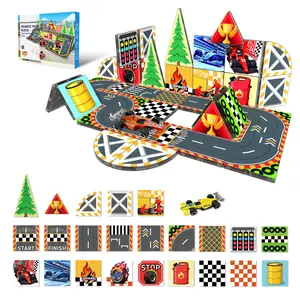 【New Sticker Set】44PCS,2.17inch Creative Sticker Magnetic Tiles,Race Track Series，Magnet Building Blocks Cubes Construction Stacking Educational Assembly Toy Preschool STEM Play Creative Playboard for Toddler Kids Ages 3+,Kids Toys best gift