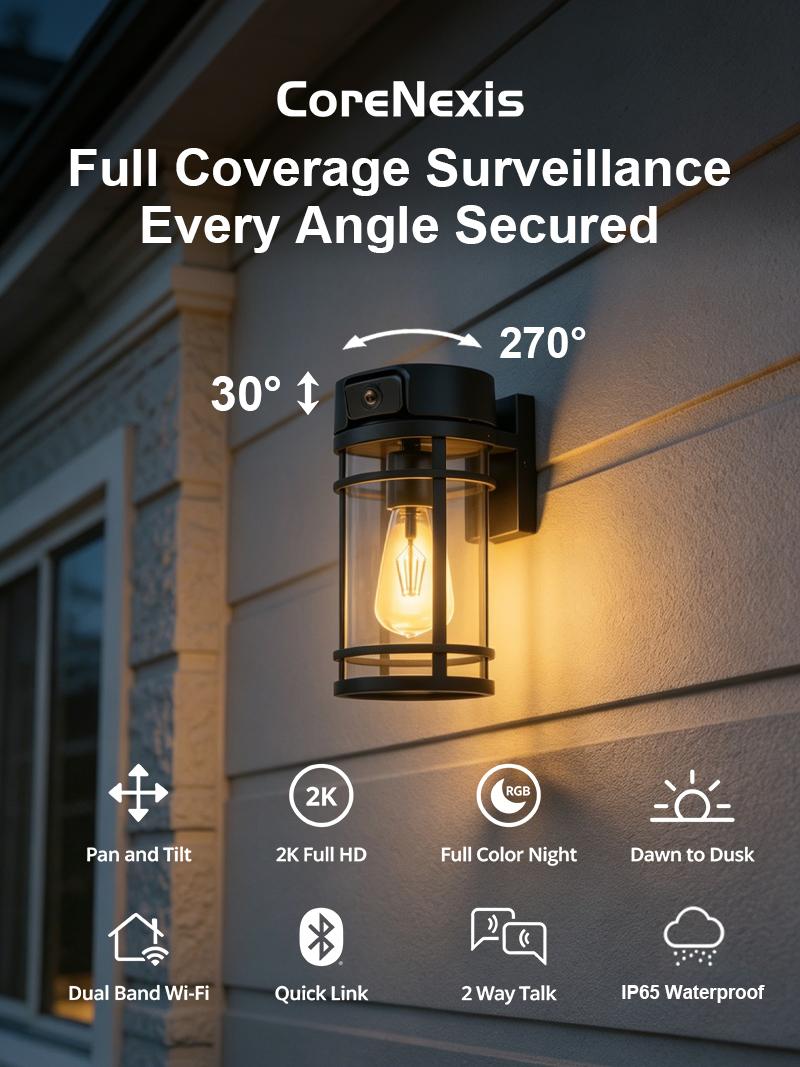 Outdoor Porch Light Security Camera, 2K HD Live View Wi-Fi Human Detection, Pan & Tilt, Two-Way Talk, Cloud/SD Storage, Waterproof, Built in Dusk to Dawn Outdoor Lighting, Outside Wall lamp For House Garage Front Door, Works with TUYA Outdoor Porch Light Security Camera, 2K HD Live View Wi-Fi Human Detection, Pan & Tilt, Two-Way Talk, Cloud/SD Storage, Waterproof, Built in Dusk to Dawn Outdoor Lighting, Outside Wall lamp For House Garage Front Door, Works with TUYA