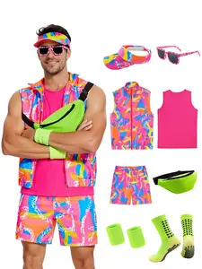 80s 90s Workout Outfit for Men 10pcs Vibrant Summer Casual Resort Set Halloween Adult Cosplay Costume Accessories