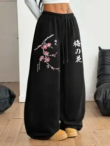 Women's Y2K Streetwear Plum Blossom Graphic Joggers, Elastic Waist Drawstring Casual Trousers | #Y2KStreetwear #PlumBlossomGraphic #WideLegPants