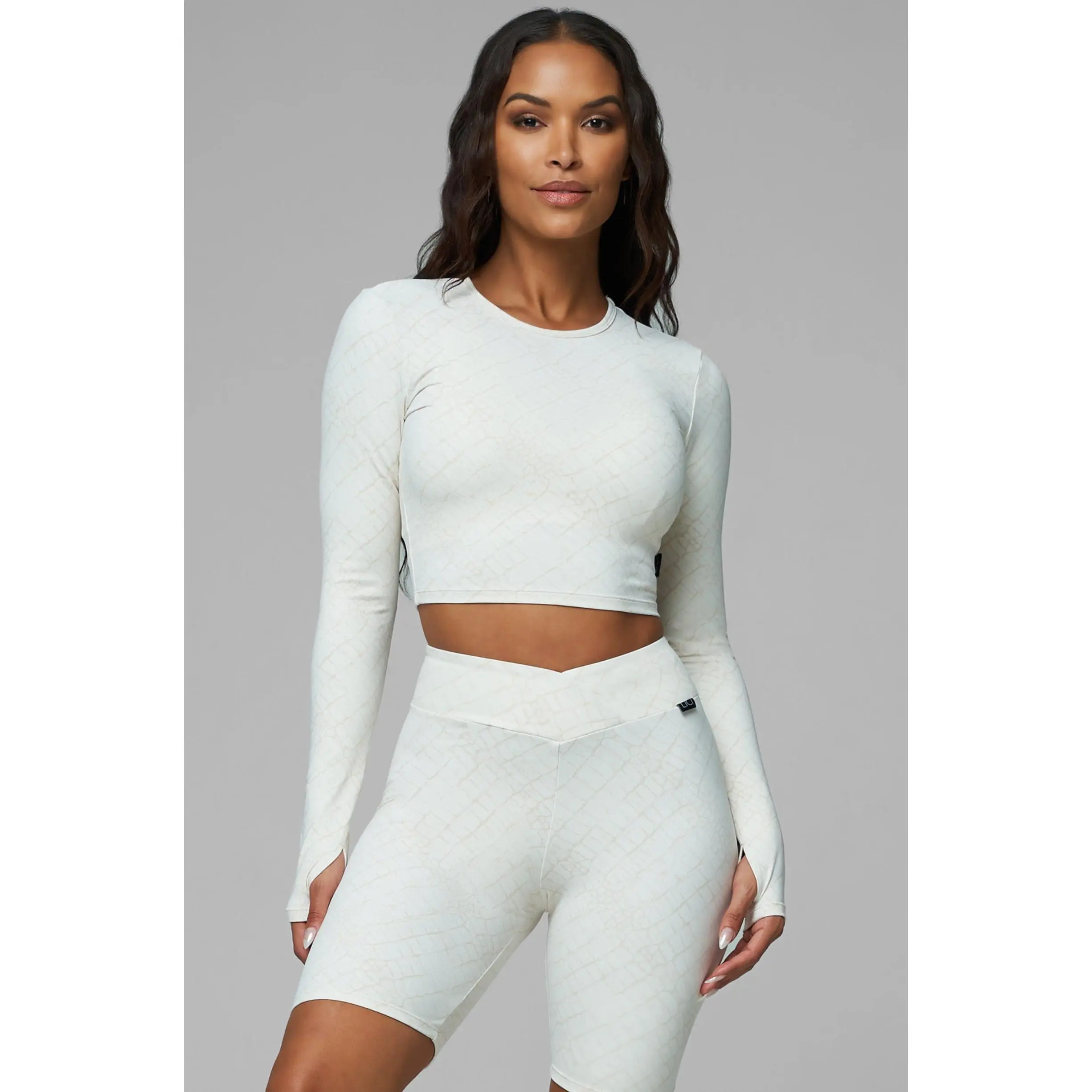 Cream Croc Long Sleeve Crop Top