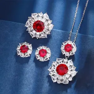 Luxury White Gold-Plated Cubic Zirconia Jewelry Set - Necklace, Ring & Earrings with Red Gemstones and Elegant Design
