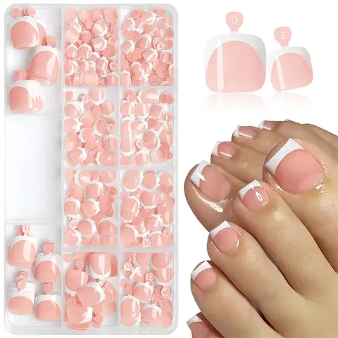 240 Pcs Toe Nail Press-Ons, White French Tips, Short Square Fake Reusable Nail Tips for DIY Daily, Work & Party, Natural Artificial Toenails for Women & Girls, Nail Art Products