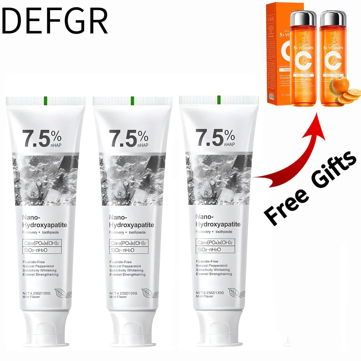 DEFGR 7.5% Hydroxyapatite Oral Toothpaste, Fresh Mint Flavor, Nonfluoride Remineralizing Enamel Protect Formula, Gentle for Sensitive Teeth, 3 Count, Remineralizing Toothpaste