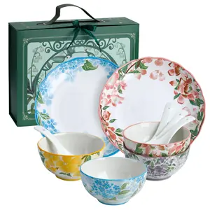 White and Blue Floral Dinnerware Sets for 2, 10-Piece Stoneware Plates & Bowls Sets, Microwave & Dishwasher Safe, Chip Resistant, Gift Box Included