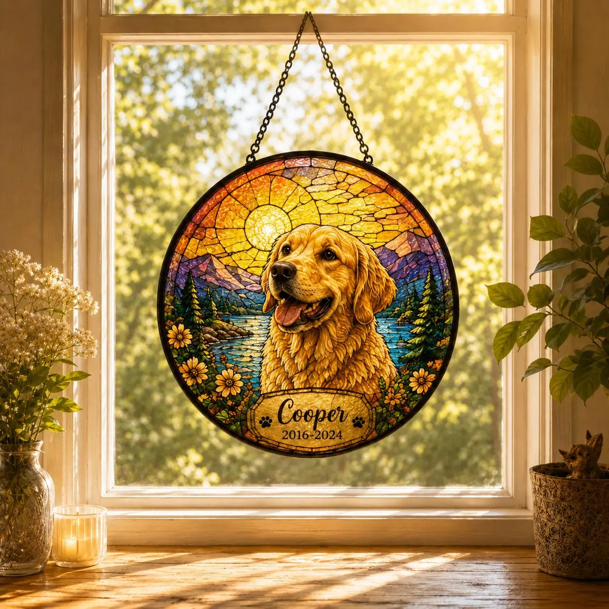 Personalized Pet Memorial Suncatcher Custom Dog Cat Portrait Stained Glass Top