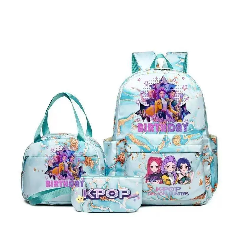 K‑POP Birthday Cartoon Girls Print 3‑Piece Backpack Set, Gold Foil Marble Texture Multi‑Pocket School Bookbag, Matching Lunch Tote Bag and Zipper Pencil Pouch, Teen Girls Casual Travel Daypack