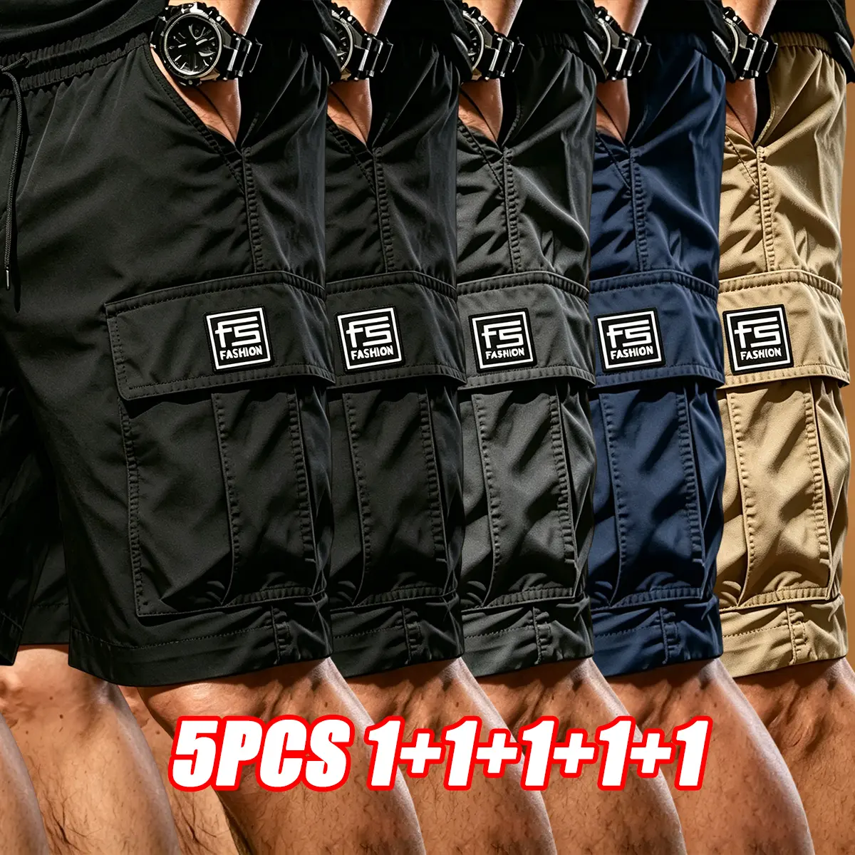 5PCS men’s cargo shorts: durable outdoor training shorts, multi-pocket work shorts, solid-color and printed drawstring tactical cargo shorts (no belt), unisex, regular fit sports shorts with pockets, durable cargo shorts. Casual street pants