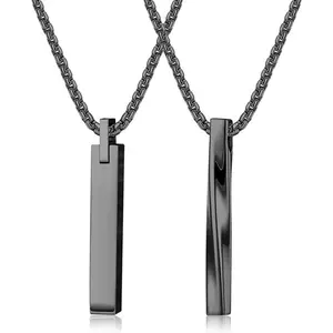 2pcs Stainless Steel Stick Bar Pendant Necklace for Men Women Cool Unisex Twisted Cube Bar Pendant Vertical Cuboid Stick Pendant Chain Necklace Set Daily