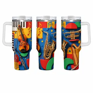 40oz (1,000-2,000 ml) Leak-Proof Portable Insulated Tumbler with Handle - 18/8 Stainless Steel Travel Mug, 3D Color Block Print of Violin,Saxophone,Piano,Harp, 24H Cold/12H Hot, Ideal Birthday Gift Ideas for Musicians