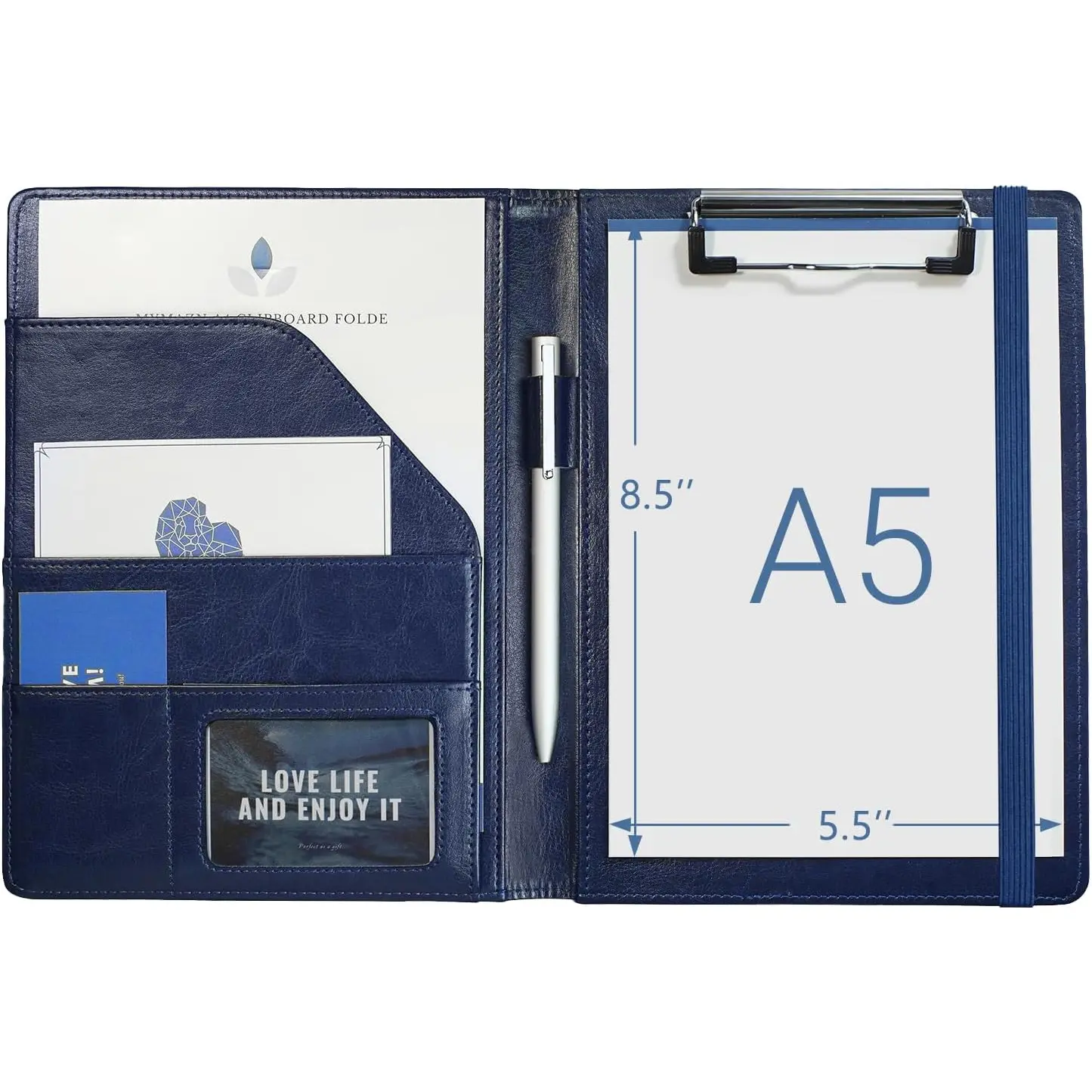 Faux Leather A5 Padfolio Clipboard Folder for Travelers, 7.3x9.4 Inches Junior Size with Elastic Band, Refillable 5x8 Writing Pad, Business Travel Desk Organizer (Blue)