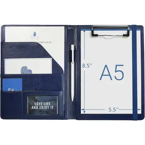 Small Padfolio Clipboard A5 Folder for Writing Pad Refillable 5 x 8 Note pad,  Faux Leather Clipboard Folder Junior Size Portfolio 5x8 Folio Clip Board (Blue)