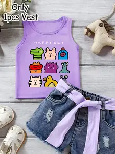 Girls' Summer Fashion Creative Cartoon Animal Pattern Vest, Casual Loose-Fitting Long Sleeveless Sports Base Layer, Perfect Gift