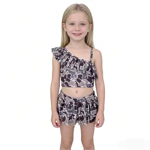 Baby Girls Southern Western Dark Grey Camouflage Print 2pcs One Shoulder Top Bikini Swimsuits Swim Wear