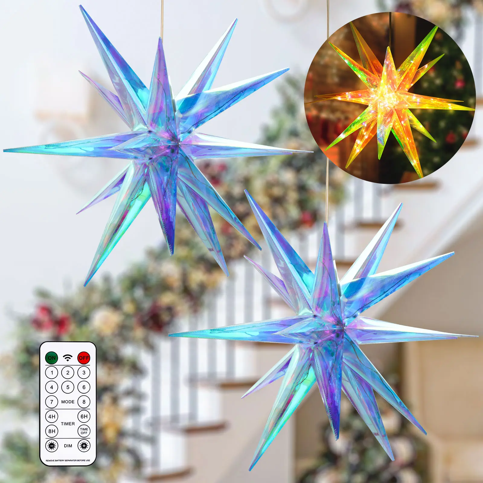 2 Pack 18" Dazzling Moravian Star Christmas Lights Decorations, Battery Operated with Timer and 8 Lighting Modes, Hanging Outdoor/Indoor Chrismas Star Decor, Warm White