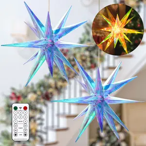 2 Pack 18" Dazzling Moravian Star Christmas Lights Decorations, Battery Operated with Timer and 8 Lighting Modes, Hanging Outdoor/Indoor Chrismas Star Decor, Warm White