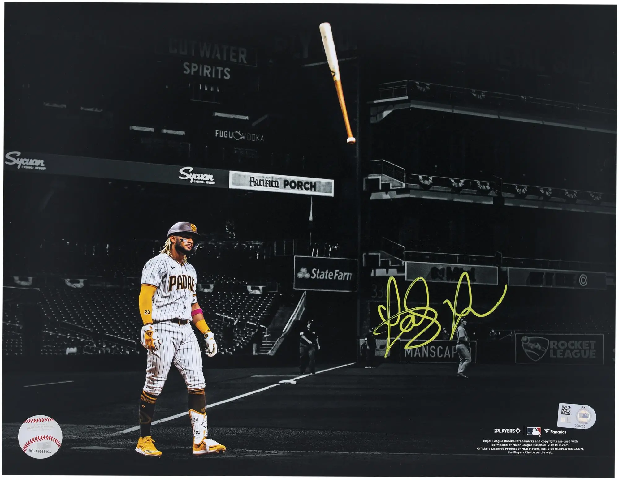 Fernando Tatis Jr San Diego Padres Autographed 11" x 14" Bat Flip Spotlight Photographed - Signed in Yellow Ink - Fanatics Authentic Certified
