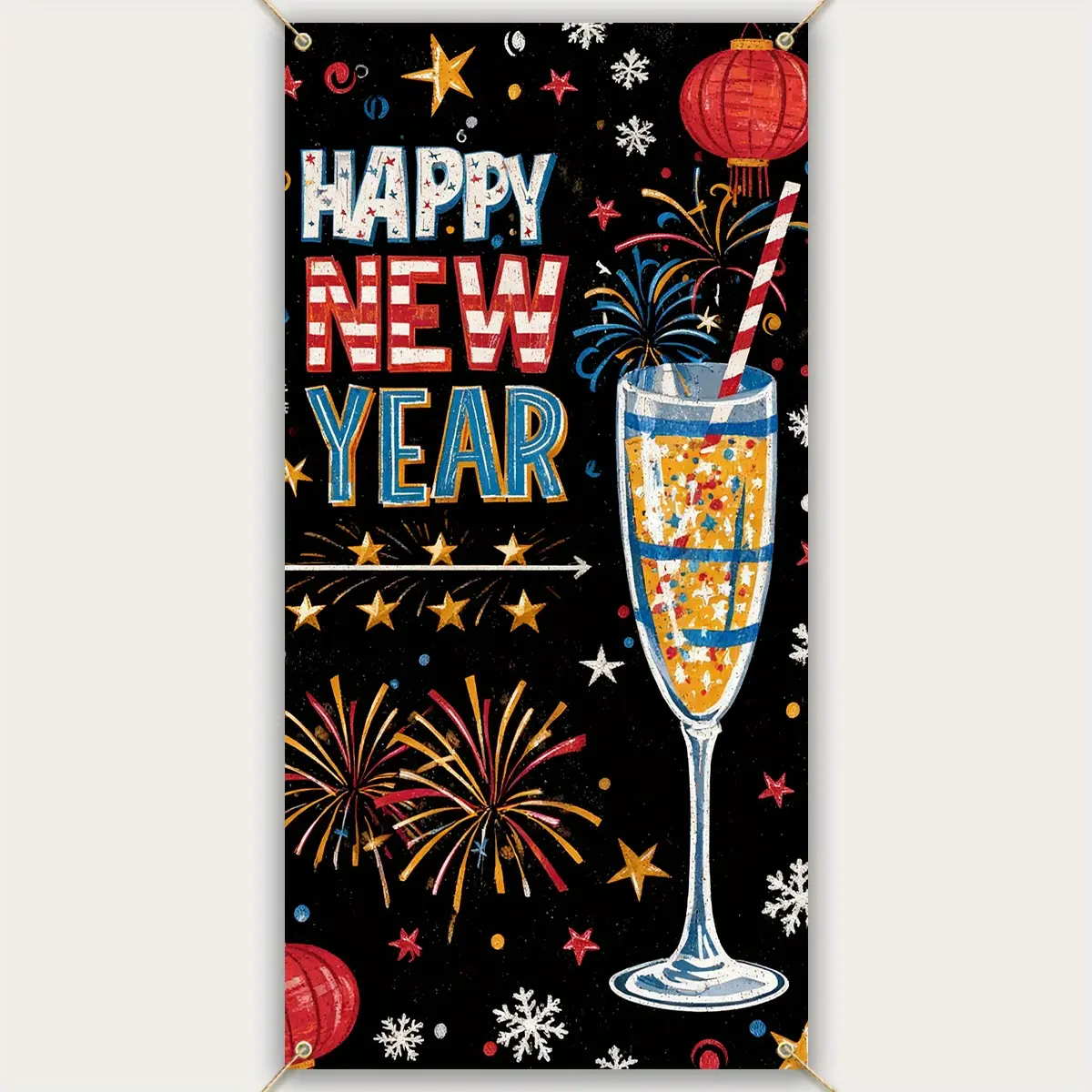 2d Flat 1pc New Year Door Banner with Chinese Lantern Elements, Durable Materials, 70.8x35.4 Inches, Easy Install & Clean, Ideal for Home Entrance & Outdoor New Year Decor