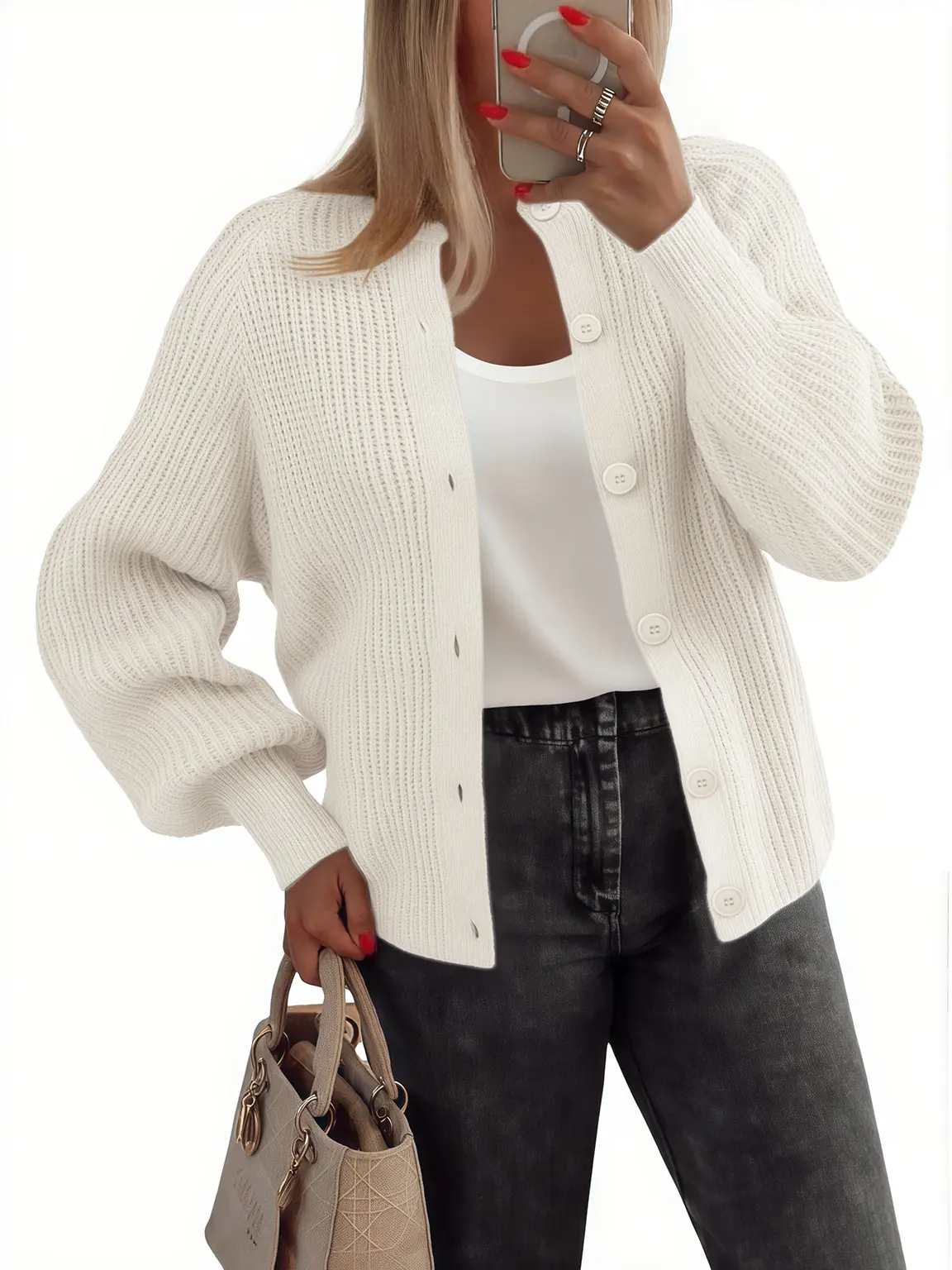 Lady's 2025 Chunky Knit Cardigan Top, Long-Sleeve Crew Neck Button-Down Chic Knitwear with Soft Fabric for Fall Fashion, Piece, Crop, Button Front, Work