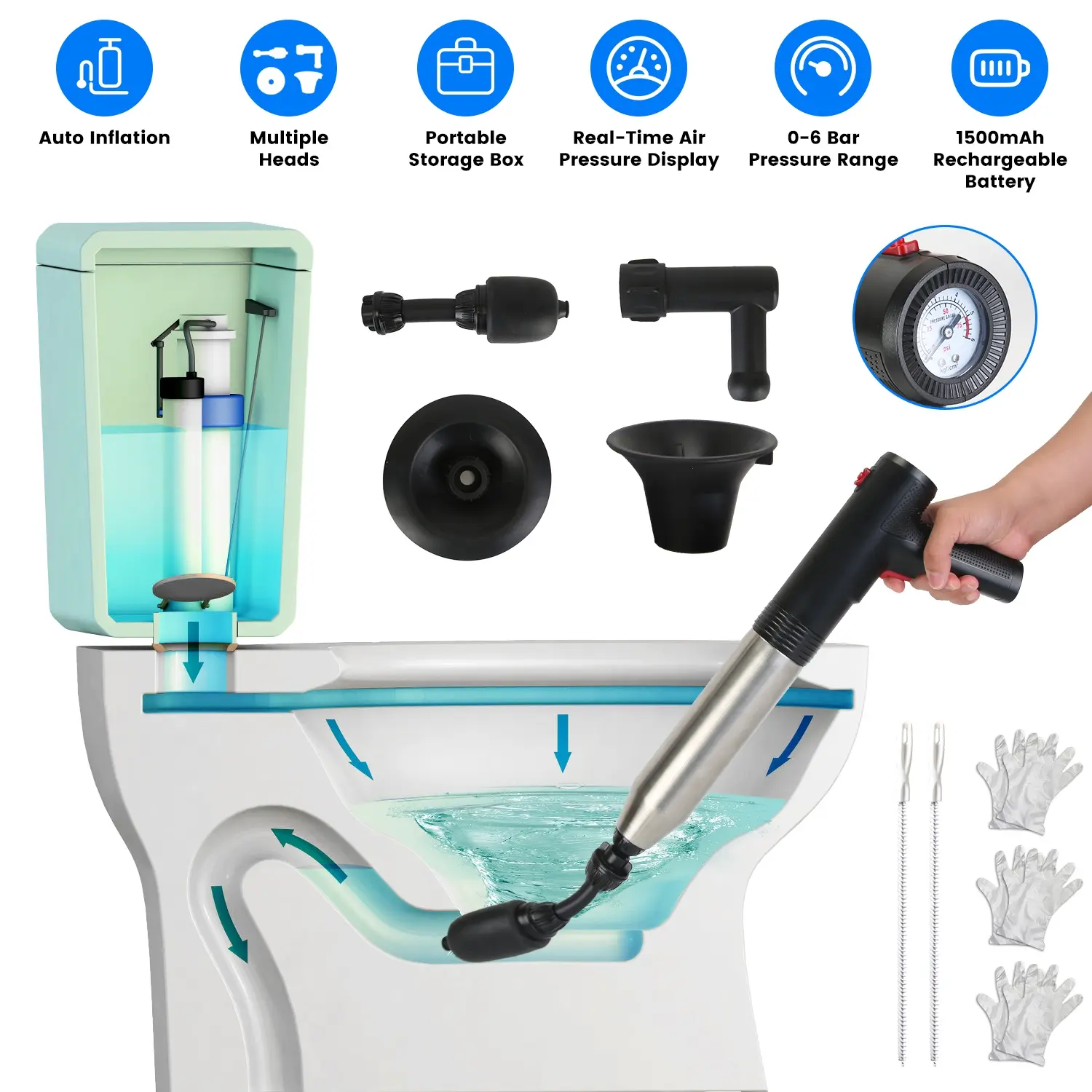Electric Toilet Plunger High Pressure Air Plunger Air Drain Blaster Drain Clog Remover with Real Time Pressure Display for Toilets Bathroom Floor Drain Kitchen Sinks Plumbing Clogs,summervibes
