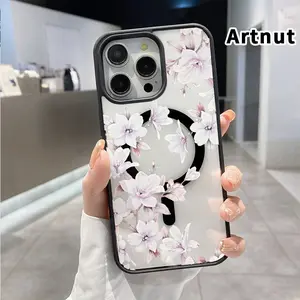 Magnetic Phone Case Supports Wireless Charging for iPhone 17 Pro Max 16 Plus 15 14 13 12 11 Air E Floral Serenity Whisper Pattern Anti-Yellowing Shockproof Durable Ultra-Thin Crystal Transparent Acrylic Cover.