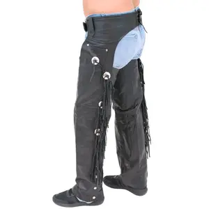 JAMIN LEATHER® Buffalo Leather Chaps w/Fringe & Conchos #C701CFB - Black Distressed Menswear Cowboy Pants with Adjustable Belt & Lace