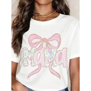 Womens Short Sleeve Graphic Tee Cute Pink Bow Floral Gingham Mama Print Casual Crewneck Top for Moms Mothers Day Gift Spring Summer Outfit