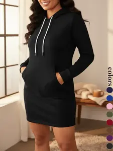 Women's Solid Drawstring Hooded Sweatshirt Dress, Casual Long Sleeve Pocket Dress for Fall & Winter, Ladies Clothes for Daily Wear, Womenswear