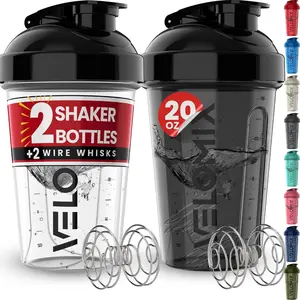 2 Pack 20 oz Protein Shaker Bottles for Protein Mixes with 2x Wire Whisk, Leak Proof Shaker Cups for Protein Shakes and Pre Workout, Black/Transparent