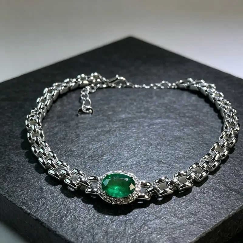 <PingEast jewelry > Emerald bracelet—925 Sterling Silver Thick Cuban Chain Bracelet with 5×7mm 1-Carat Natural Colombian Emerald  Simple, elegant, and timeless — perfect for any outfit or occasion. Comes with certificate!