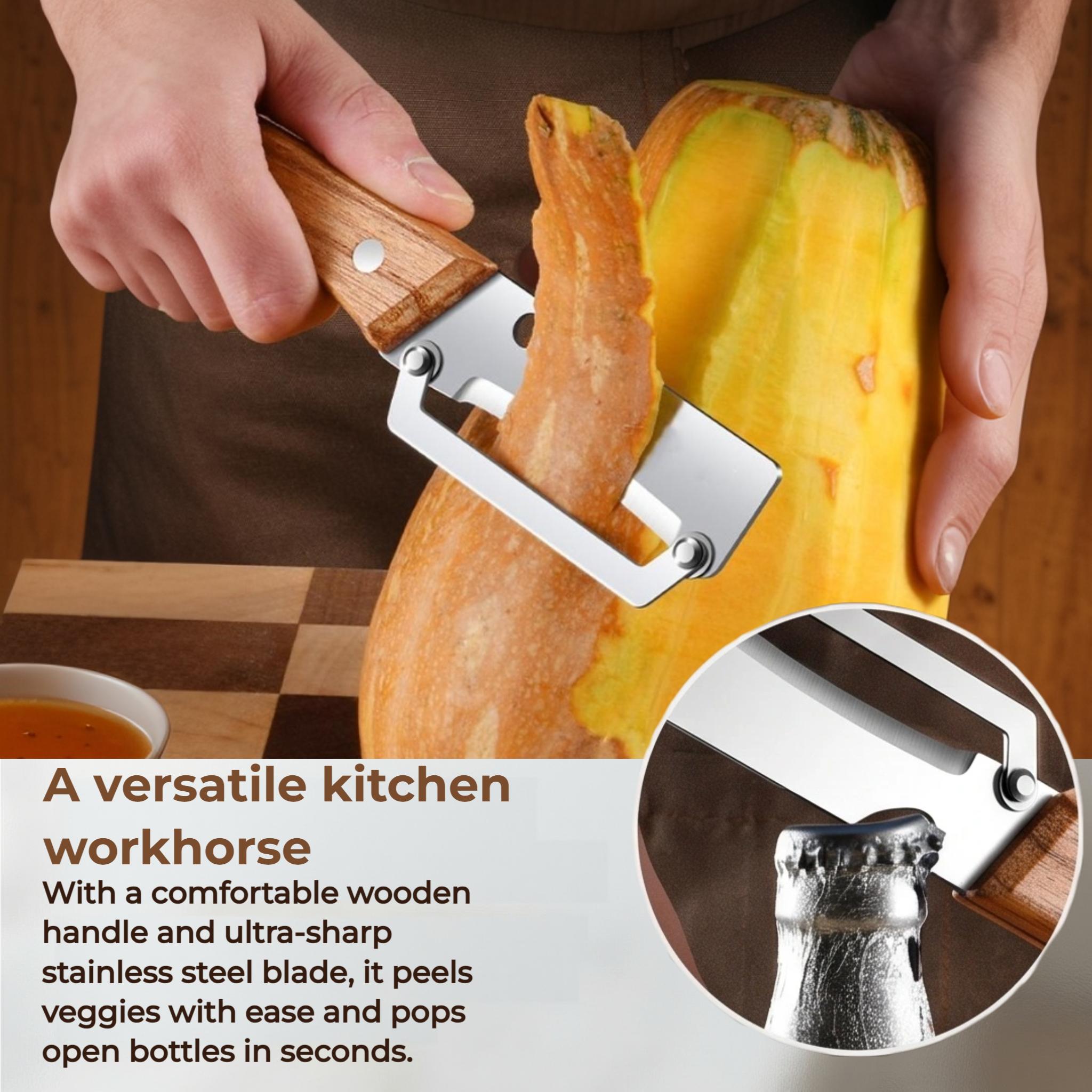 Ergonomic Wood Handle Stainless Steel Vegetable Peeler with Bottle Opener, 2-in-1 Multi-Functional，Heavy Duty for Potatoes, Apples, Pumpkins & All Fruits and Veggies， Your Effortless Kitchen Helper, the Perfect Tool for Fast, Hassle-Free Prep-YYA