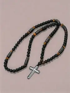 Retro Tiger Eye Stone Beaded Craftsmanship Design Vintage Cross Zinc Alloy Pendant Necklace, Charms Necklace, Men's Accessories, Trendy All-match & Exquisite Vintage Bohemian Jewelry for Men As Gift, Jewelry Gifts