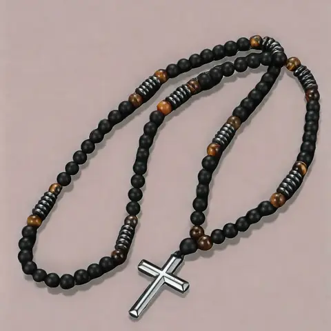 Retro Tiger Eye Stone Beaded Craftsmanship Design Vintage Cross Zinc Alloy Pendant Necklace, Charms Necklace, Men's Accessories, Trendy All-match & Exquisite Vintage Bohemian Jewelry for Men As Gift, Jewelry Gifts