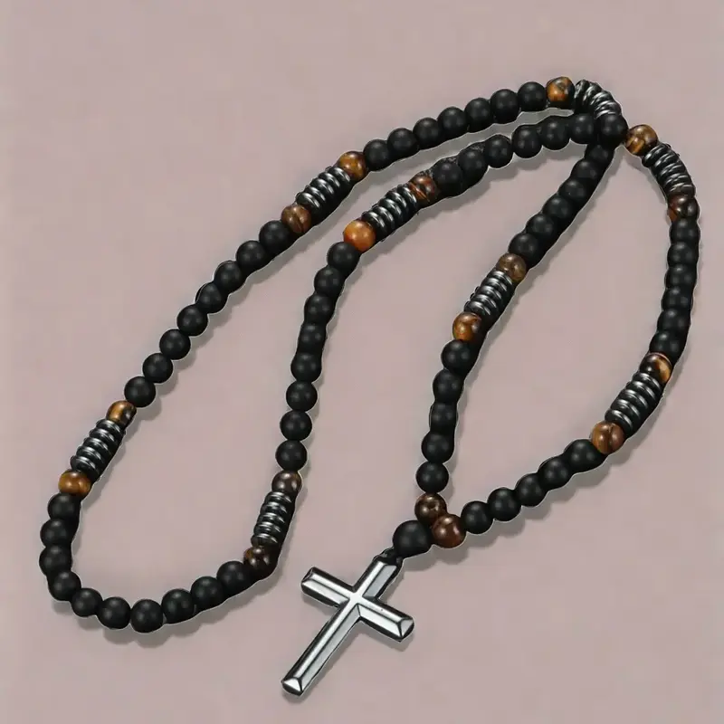 Retro Tiger Eye Stone Beaded Craftsmanship Design Vintage Cross Zinc Alloy Pendant Necklace, Charms Necklace, Men's Accessories, Trendy All-match & Exquisite Vintage Bohemian Jewelry for Men As Gift, Jewelry Gifts