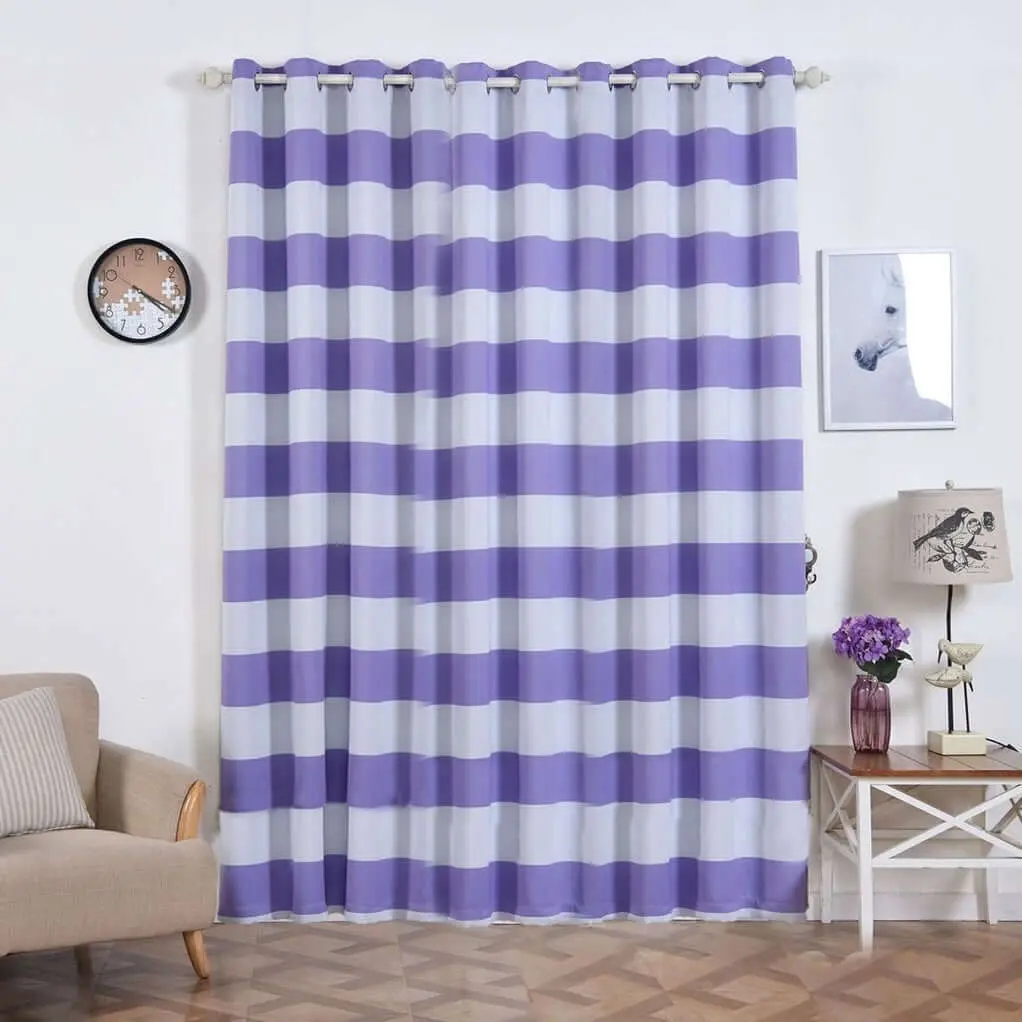 2-Pack White/Lavender Lilac Cabana Stripe Thermal Blackout Bedroom Curtains, Chrome Grommet Privacy Window Treatment Panels, 52"x96", Privacy Grommet Curtains