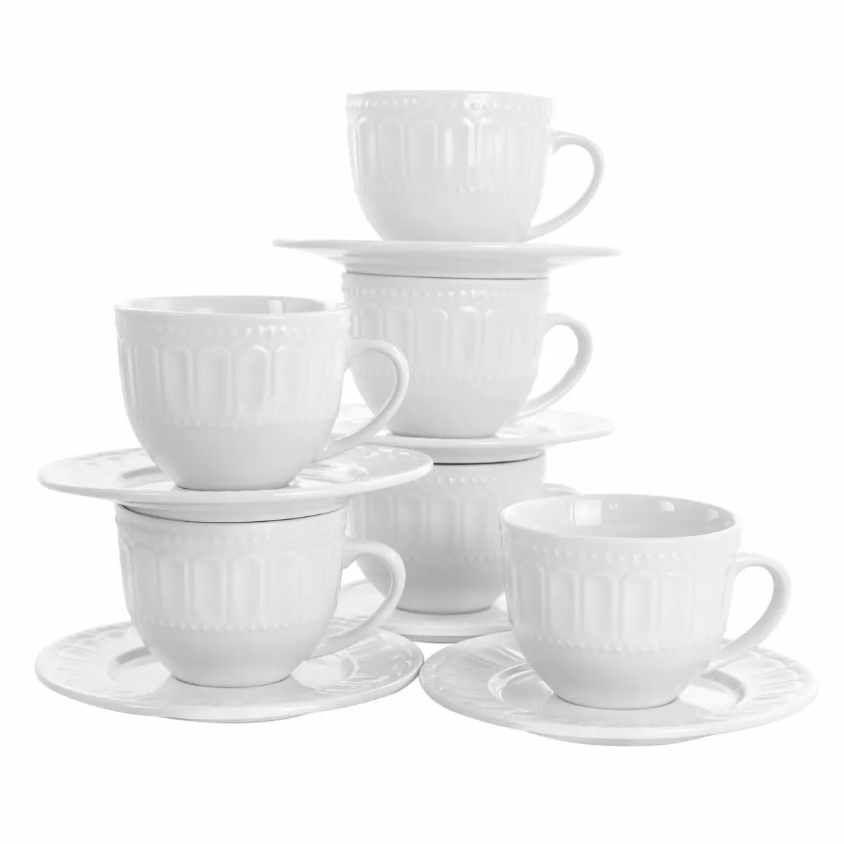 Elama Charlotte 6-Piece Porcelain Coffee Mug and Saucer Set, White