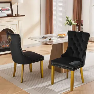 Velvet Dining Chairs Set of 2, Modern Dining Room Chair, Upholstered Dining Chairs with Lion Head Pulls Ring and Golden Solid Wood Legs, Luxury Kitchen Chairs for Dining Room