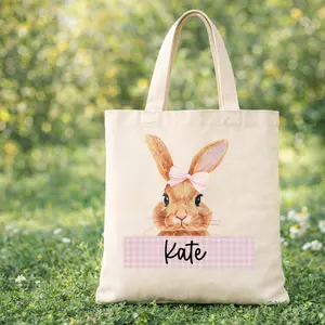 Personalized Easter Tote Bag Reinforced Handles 100% Cotton Canvas 15"x16" Eco-Friendly Custom Bunny Basket for Boy Girl Gift